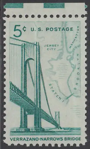 USA Michel 0873 / Scott 1258 postfrisch EINZELMARKE RAND oben - Fertigstellung der Verrazano-Narrows-Brücke: Verbindung zwischen Brooklyn und Staten Island; Landkarte der New York Bay