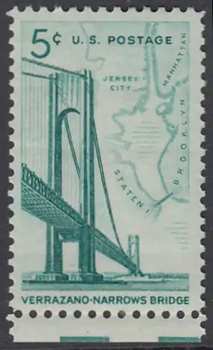 USA Michel 0873 / Scott 1258 postfrisch EINZELMARKE RAND unten - Fertigstellung der Verrazano-Narrows-Brücke: Verbindung zwischen Brooklyn und Staten Island; Landkarte der New York Bay