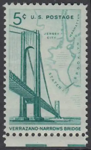 USA Michel 0873 / Scott 1258 postfrisch EINZELMARKE RAND unten (a1) - Fertigstellung der Verrazano-Narrows-Brücke: Verbindung zwischen Brooklyn und Staten Island; Landkarte der New York Bay