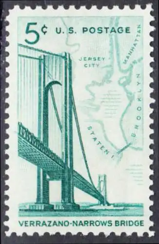 USA Michel 873 / Scott 1258 postfrisch EINZELMARKE (a1) - Fertigstellung der Verrazano-Narrows-Brücke: Verbindung zwischen Brooklyn und Staten Island; Landkarte der New York Bay