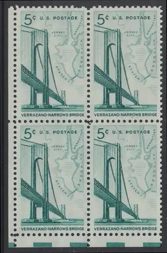 USA Michel 0873 / Scott 1258 postfrisch BLOCK ECKRAND unten links - Fertigstellung der Verrazano-Narrows-Brücke: Verbindung zwischen Brooklyn und Staten Island; Landkarte der New York Bay