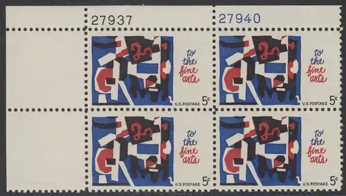 USA Michel 0874 / Scott 1259 postfrisch PLATEBLOCK ECKRAND oben links m/ Platten-# 27937 - Schöne Künste: Melange of Squiggles; Lithographie von Stuart Davis 