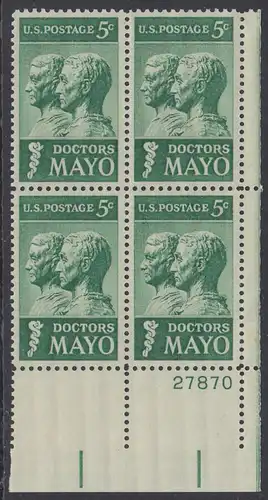 USA Michel 0865 / Scott 1251 postfrisch PLATEBLOCK ECKRAND unten rechts m/Platten-# 27870 - 25. Todestag der Brüder Mayo; Ärzte und Gründer der Mayo-Klinik in Rochester