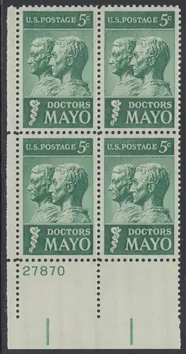 USA Michel 0865 / Scott 1251 postfrisch PLATEBLOCK ECKRAND unten links m/Platten-# 27870 - 25. Todestag der Brüder Mayo; Ärzte und Gründer der Mayo-Klinik in Rochester