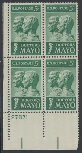 USA Michel 0865 / Scott 1251 postfrisch PLATEBLOCK ECKRAND unten links m/Platten-# 27871 - 25. Todestag der Brüder Mayo; \'rzte und Gründer der Mayo-Klinik in Rochester