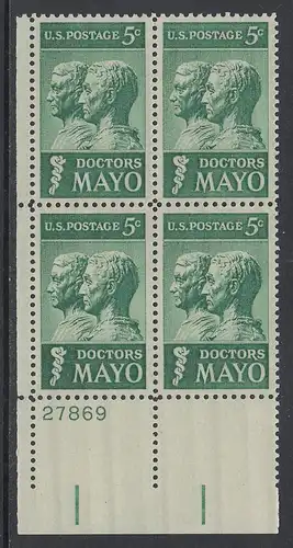 USA Michel 0865 / Scott 1251 postfrisch PLATEBLOCK ECKRAND unten links m/Platten-# 27869 - 25. Todestag der Brüder Mayo; Ärzte und Gründer der Mayo-Klinik in Rochester