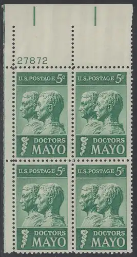 USA Michel 0865 / Scott 1251 postfrisch PLATEBLOCK ECKRAND oben links m/Platten-# 27872 - 25. Todestag der Brüder Mayo; Ärzte und Gründer der Mayo-Klinik in Rochester