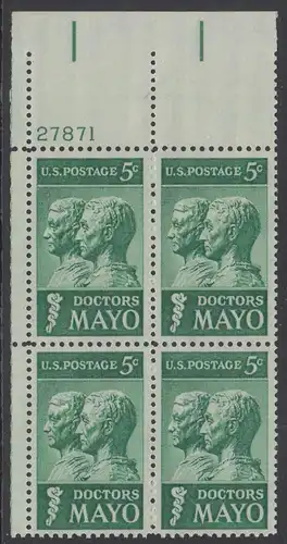 USA Michel 0865 / Scott 1251 postfrisch PLATEBLOCK ECKRAND oben links m/Platten-# 27871 - 25. Todestag der Brüder Mayo; Ärzte und Gründer der Mayo-Klinik in Rochester