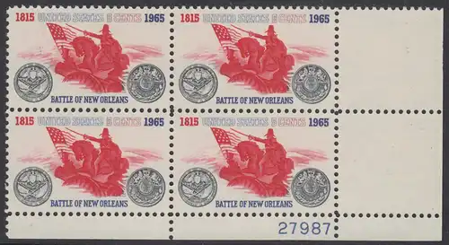 USA Michel 0876 / Scott 1261 postfrisch PLATEBLOCK ECKRAND unten rechts m/Platten-# 27987 - Schlacht von New Orleans; General Andrew Jackson führt seine Truppen gegen die Engländer