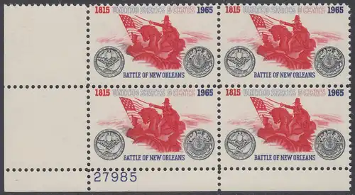 USA Michel 0876 / Scott 1261 postfrisch PLATEBLOCK ECKRAND unten links m/Platten-# 27985 - Schlacht von New Orleans; General Andrew Jackson führt seine Truppen gegen die Engländer