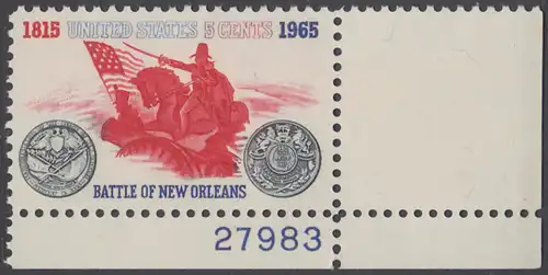 USA Michel 0876 / Scott 1261 postfrisch EINZELMARKE ECKRAND unten rechts m/Platten-# 27983 - Schlacht von New Orleans; General Andrew Jackson führt seine Truppen gegen die Engländer