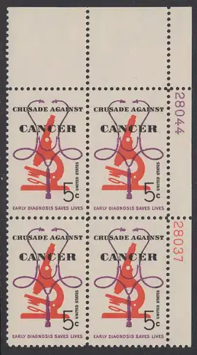 USA Michel 0878 / Scott 1263 postfrisch PLATEBLOCK ECKRAND oben rechts m/Platten-# 28044 - Krebsbekämpfung; Mikroskop und Stethoskop 