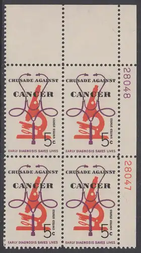 USA Michel 0878 / Scott 1263 postfrisch PLATEBLOCK ECKRAND oben rechts m/Platten-# 28048 - Krebsbekämpfung; Mikroskop und Stethoskop 