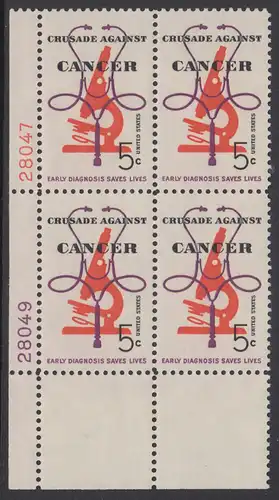 USA Michel 0878 / Scott 1263 postfrisch PLATEBLOCK ECKRAND unten links m/Platten-# 28049 (b) - Krebsbekämpfung; Mikroskop und Stethoskop 