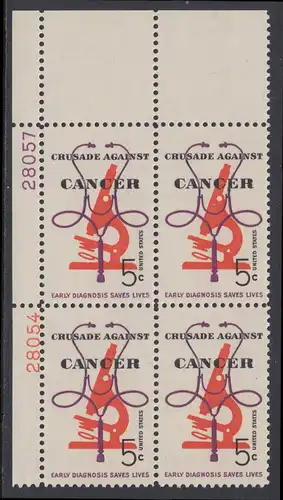 USA Michel 0878 / Scott 1263 postfrisch PLATEBLOCK ECKRAND oben links m/Platten-# 28057 (a) - Krebsbekämpfung; Mikroskop und Stethoskop 