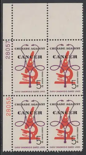 USA Michel 0878 / Scott 1263 postfrisch PLATEBLOCK ECKRAND oben links m/Platten-# 28057 (b) - Krebsbekämpfung; Mikroskop und Stethoskop 