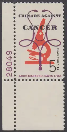 USA Michel 0878 / Scott 1263 postfrisch EINZELMARKE ECKRAND unten links m/Platten-# 28049 - Krebsbekämpfung; Mikroskop und Stethoskop 