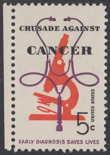 USA Michel 0878 / Scott 1263 postfrisch EINZELMARKE RAND links - Krebsbekämpfung; Mikroskop und Stethoskop 