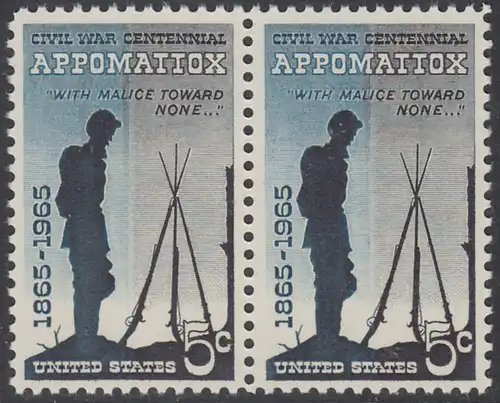 USA Michel 0879 / Scott 1182 postfrisch horiz.PAAR - 100. Jahrestag des Bürgerkriegs: Schlacht bei Appomattox; Soldat neben zusammengestellten Gewehren