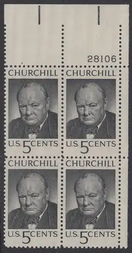 USA Michel 0880 / Scott 1264 postfrisch PLATEBLOCK ECKRAND oben rechts m/Platten-# 28106 - Winston Spencer Churchill; britischer Politiker, Nobelpreis 1953