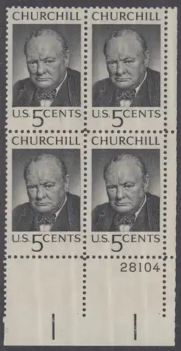 USA Michel 0880 / Scott 1264 postfrisch PLATEBLOCK ECKRAND unten rechts m/Platten-# 28104 (a) - Winston Spencer Churchill; britischer Politiker, Nobelpreis 1953