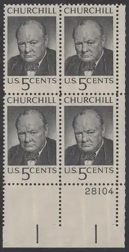 USA Michel 0880 / Scott 1264 postfrisch PLATEBLOCK ECKRAND unten rechts m/Platten-# 28104 (b) - Winston Spencer Churchill; britischer Politiker, Nobelpreis 1953