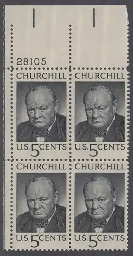 USA Michel 0880 / Scott 1264 postfrisch PLATEBLOCK ECKRAND oben links m/Platten-# 28105 - Winston Spencer Churchill; britischer Politiker, Nobelpreis 1953