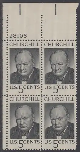 USA Michel 0880 / Scott 1264 postfrisch PLATEBLOCK ECKRAND oben links m/Platten-# 28106 - Winston Spencer Churchill; britischer Politiker, Nobelpreis 1953