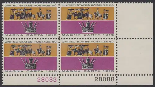 USA Michel 0881 / Scott 1265 postfrisch PLATEBLOCK ECKRAND unten rechts m/Platten-# 28088 - 750. Jahrestag der Erklärung der Magna Carta