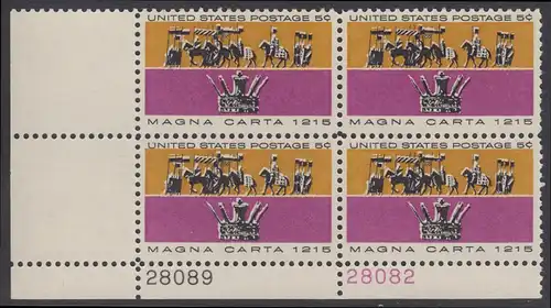 USA Michel 0881 / Scott 1265 postfrisch PLATEBLOCK ECKRAND unten links m/Platten-# 28089 - 750. Jahrestag der Erklärung der Magna Carta