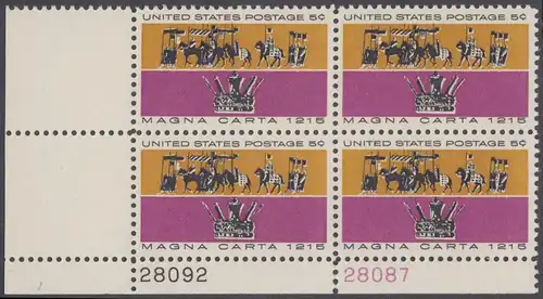 USA Michel 0881 / Scott 1265 postfrisch PLATEBLOCK ECKRAND unten links m/Platten-# 28092 - 750. Jahrestag der Erklärung der Magna Carta