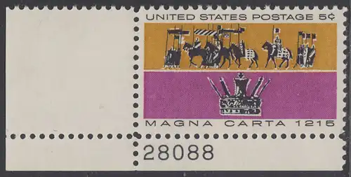 USA Michel 0881 / Scott 1265 postfrisch EINZELMARKE ECKRAND unten links m/Platten-# 28088 - 750. Jahrestag der Erklärung der Magna Carta