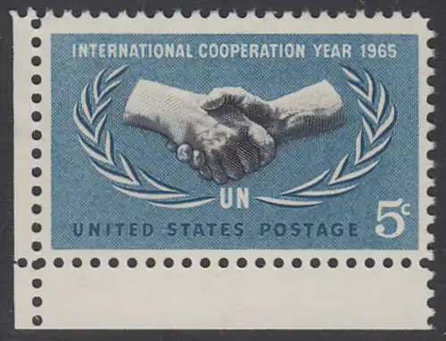 USA Michel 0882 / Scott 1266 postfrisch EINZELMARKE ECKRAND unten links - Jahr der internationalen Zusammenarbeit, 20 Jahre Vereinte Nationen (UNO)