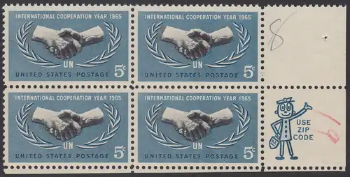 USA Michel 0882 / Scott 1266 postfrisch ZIP-BLOCK (unten rechts) - Jahr der internationalen Zusammenarbeit, 20 Jahre Vereinte Nationen (UNO)