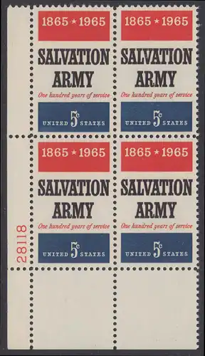 USA Michel 0883 / Scott 1267 postfrisch PLATEBLOCK ECKRAND unten links m/Platten-# 28818 - 100 Jahre Heilsarmee