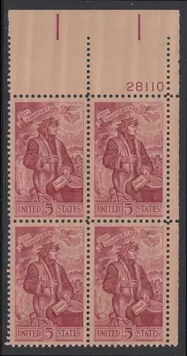 USA Michel 0884 / Scott 1268 postfrisch PLATEBLOCK ECKRAND oben rechts m/Platten-# 28110 - Geburtstag von Dante Alighieri, italienischer Dichter