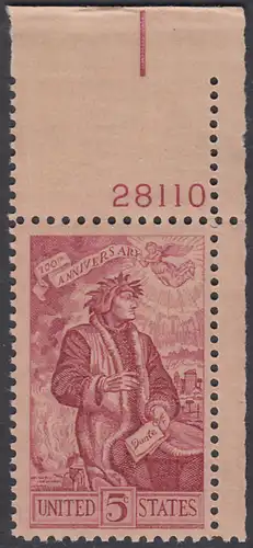 USA Michel 0884 / Scott 1268 postfrisch EINZELMARKE ECKRAND oben rechts m/Platten-# 28110 - Geburtstag von Dante Alighieri, italienischer Dichter