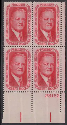 USA Michel 0885 / Scott 1269 postfrisch PLATEBLOCK ECKRAND unten rechts m/Platten-# 28162 - Herbert Clark Hoover, 31. Präsident