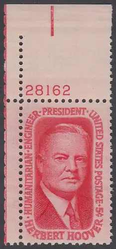 USA Michel 0885 / Scott 1269 postfrisch EINZELMARKE ECKRAND oben links m/Platten-# 28162 - Herbert Clark Hoover, 31. Präsident