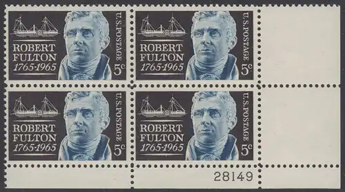 USA Michel 0886 / Scott 1270 postfrisch PLATEBLOCK ECKRAND unten rechts m/Platten-# 28149 - Robert Fulton, Erbauer des ersten dampfgetriebenen Handelsschiffes „Clermont“ 