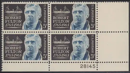 USA Michel 0886 / Scott 1270 postfrisch PLATEBLOCK ECKRAND unten rechts m/Platten-# 28145 - Robert Fulton, Erbauer des ersten dampfgetriebenen Handelsschiffes „Clermont“ 