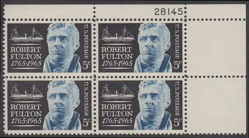 USA Michel 0886 / Scott 1270 postfrisch PLATEBLOCK ECKRAND oben rechts m/Platten-# 28145 - Robert Fulton, Erbauer des ersten dampfgetriebenen Handelsschiffes „Clermont“ 