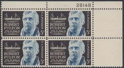 USA Michel 0886 / Scott 1270 postfrisch PLATEBLOCK ECKRAND oben rechts m/Platten-# 28148 - Robert Fulton, Erbauer des ersten dampfgetriebenen Handelsschiffes „Clermont“ 