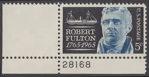 USA Michel 0886 / Scott 1270 postfrisch EINZELMARKE ECKRAND unten links m/Platten-# 28168 - Robert Fulton, Erbauer des ersten dampfgetriebenen Handelsschiffes „Clermont“ 