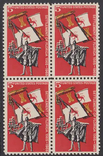 USA Michel 0887 / Scott 1271 postfrisch BLOCK - 400. Jahrestag der Besiedelung von Florida: Gründung von St. Augustine; Spanischer Eroberer, Flagge und Segelschiff (16. Jh.)