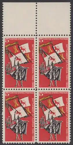 USA Michel 0887 / Scott 1271 postfrisch BLOCK RÄNDER oben - 400. Jahrestag der Besiedelung von Florida: Gründung von St. Augustine; Spanischer Eroberer, Flagge und Segelschiff (16. Jh.)