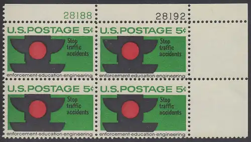 USA Michel 0888 / Scott 1272 postfrisch PLATEBLOCK ECKRAND oben rechts m/Platten-# 28192 - Verkehrssicherheit: Verkehrsampel