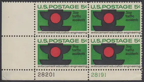 USA Michel 0888 / Scott 1272 postfrisch PLATEBLOCK ECKRAND unten links m/Platten-# 28201 - Verkehrssicherheit: Verkehrsampel