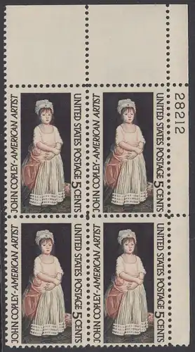 USA Michel 0889 / Scott 1273 postfrisch PLATEBLOCK ECKRAND oben rechts m/Platten-# 28212 (b) - John Singleton Copley, Maler