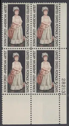 USA Michel 0889 / Scott 1273 postfrisch PLATEBLOCK ECKRAND unten rechts m/Platten-# 28213 (a) - John Singleton Copley, Maler